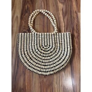 Rachel Ashwell Wood Beads Beaded Lined Boho market Tote Bag Purse 15x12